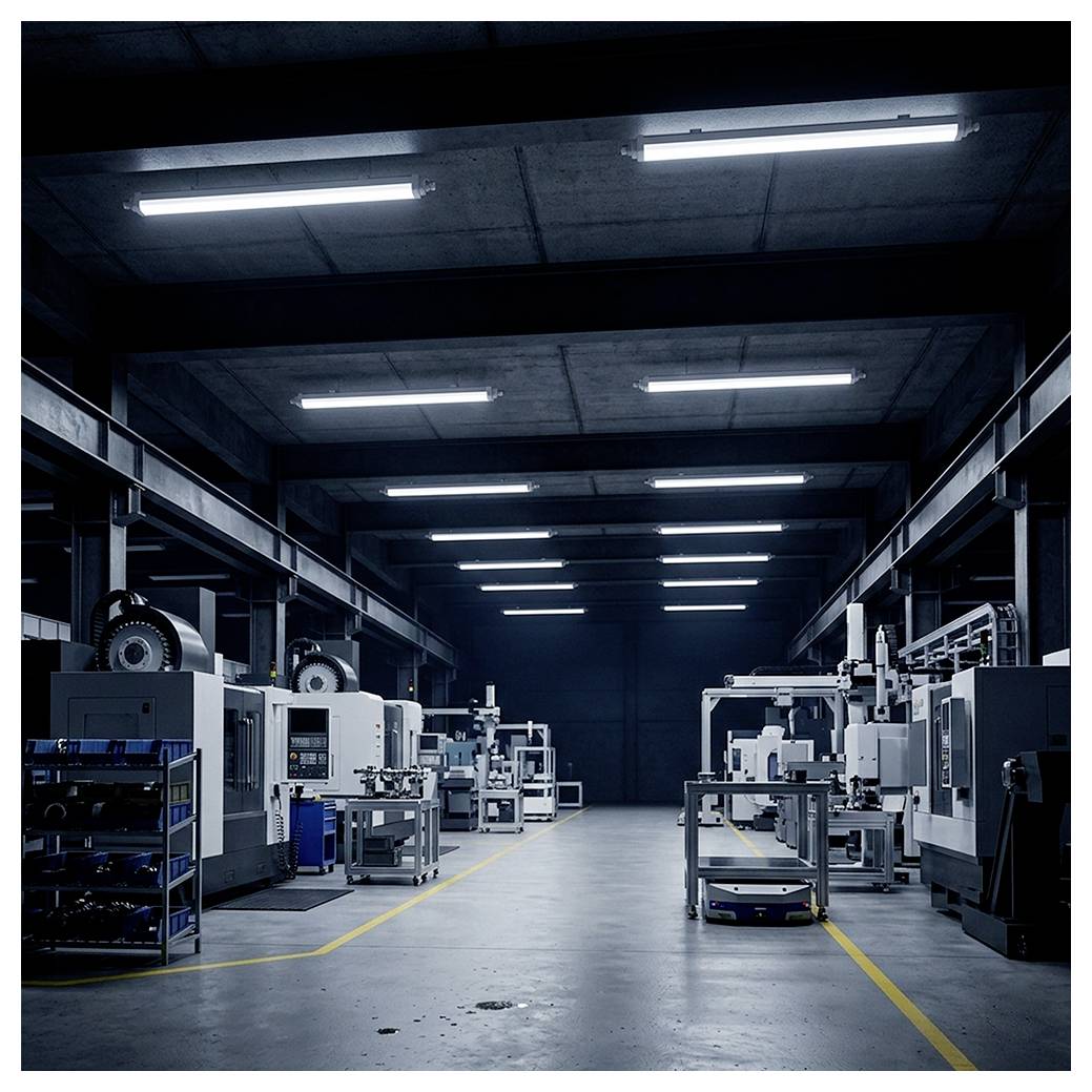 Leere Industriefertigungshalle mit Reihen von automatisierten Maschinen und Arbeitsplätzen unter hellen Deckenleuchten, Blick entlang eines zentralen Ganges.