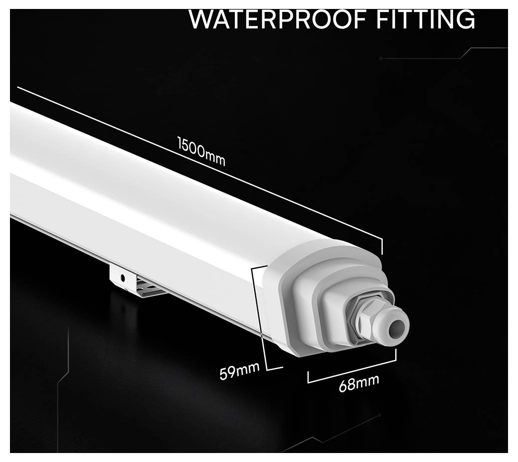 Diagramm einer wasserdichten Anbauleuchte, mit einer Länge von 1500mm und Enddimensionen von 59mm und 68mm gekennzeichnet.