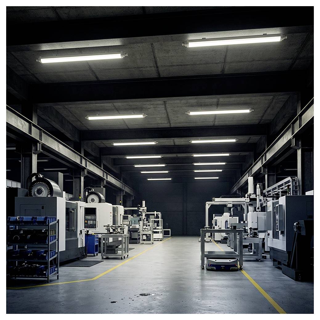 Breites Industriefabrikinterior mit Reihen großer automatisierter Maschinen und Ausrüstungen auf beiden Seiten eines zentralen Ganges unter hellen Overheadleuchten.