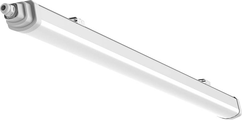 Lange weiße LED-Leuchte mit abgerundeten Enden, von unten gegen einen weißen Hintergrund gezeigt.
