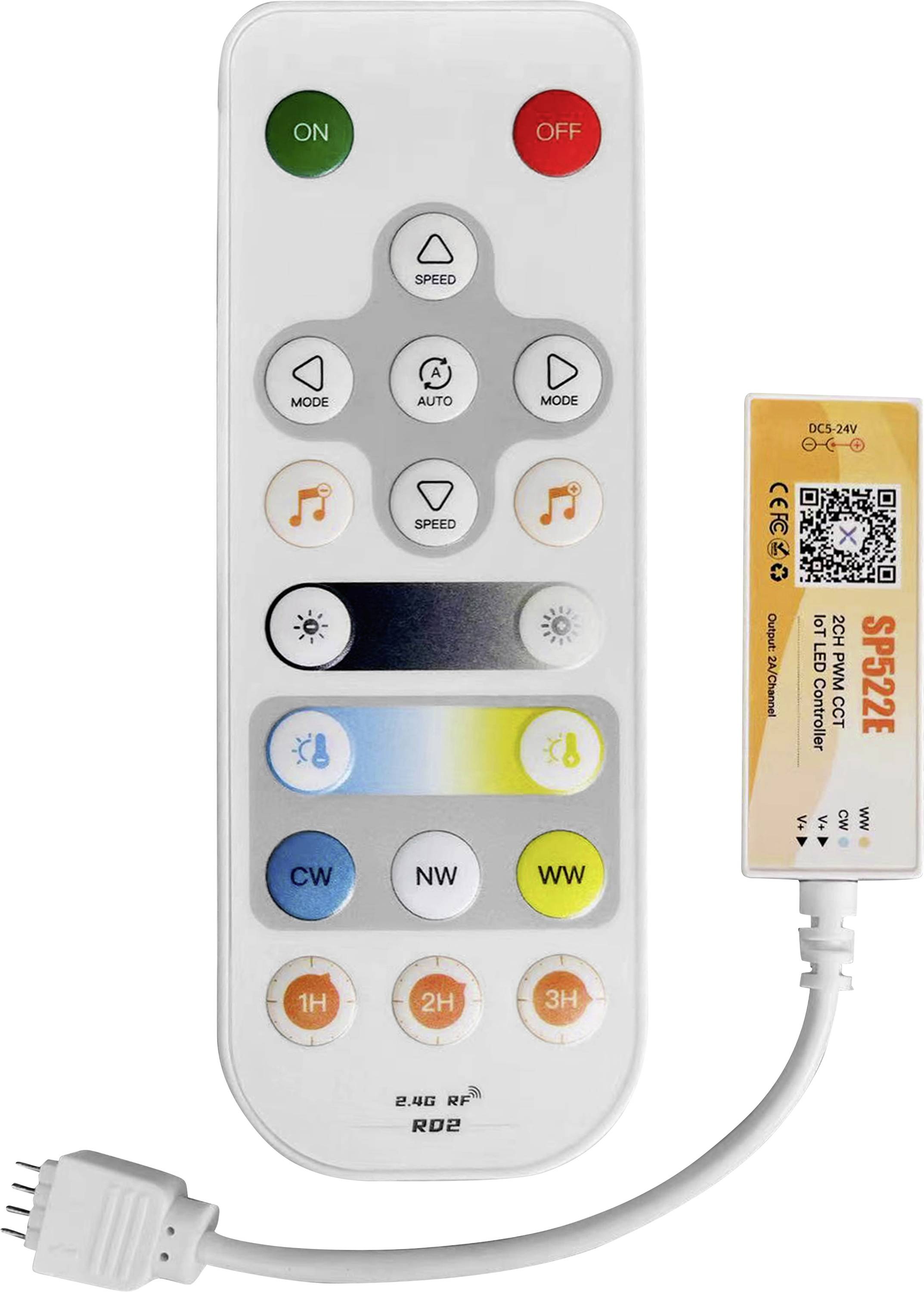 Fernbedienung für LED-Leuchten mit EIN/AUS-, Modus-, Geschwindigkeits-, Musik-, Helligkeit-, Farbtemperatur- und Timer-Tasten, gezeigt mit ihrem Empfängermodul und Kabel.