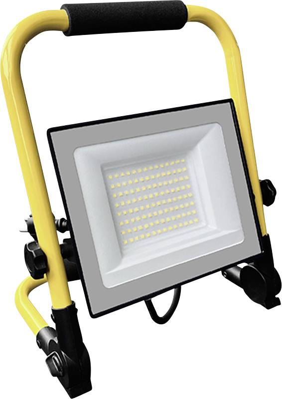 Tragbare gelbe LED-Flutlichtleuchte auf einem Ständer mit Griff, dargestellt auf weißem Hintergrund.