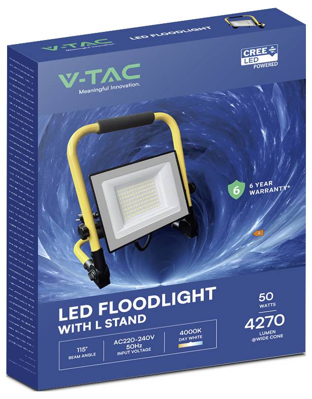 V-TAC LED-Flutlicht mit L-Stativ, 50 Watt, 4270 Lumen, 4000K Tageslichtweiß, 115° Abstrahlwinkel, 6 Jahre Garantie.