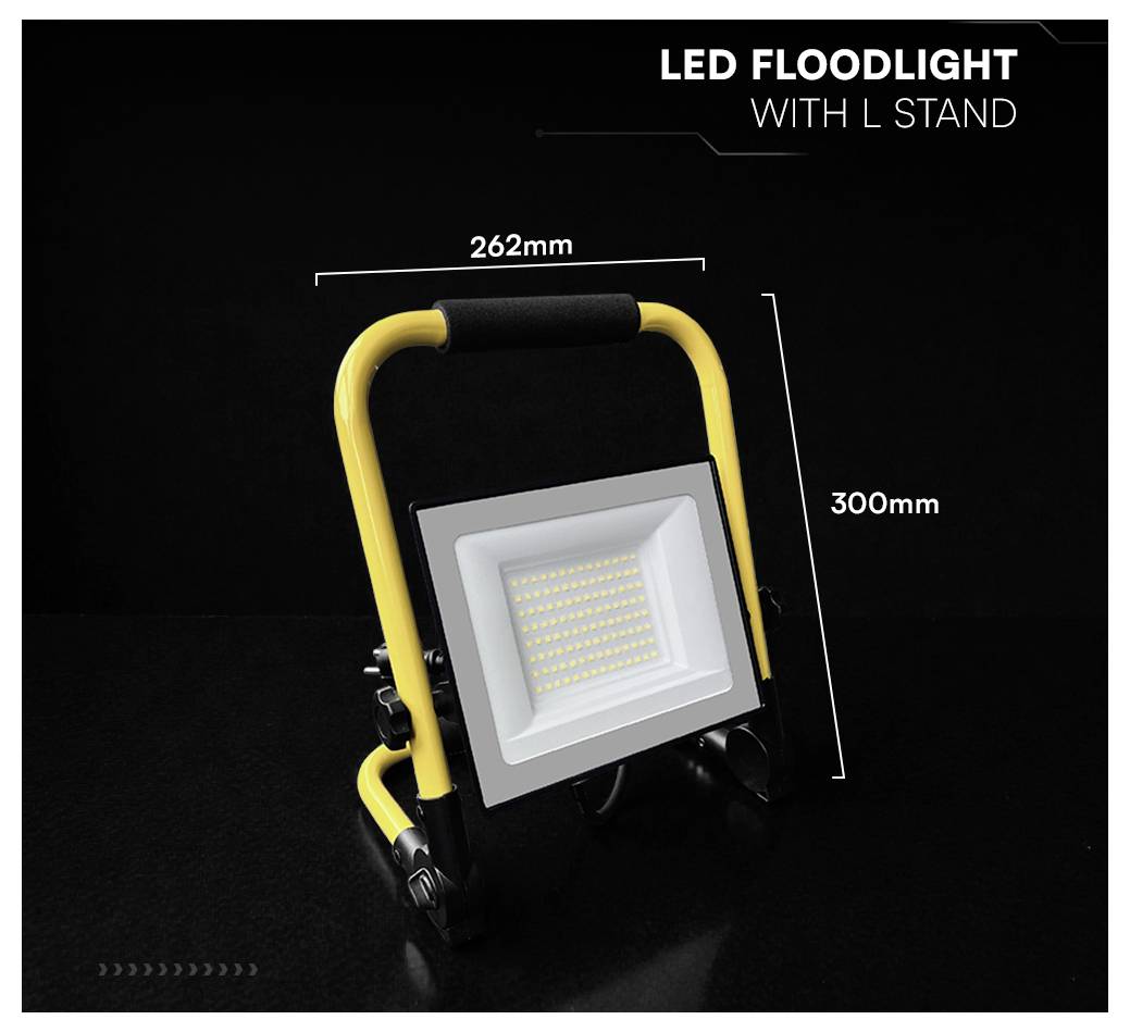 LED-Flutlicht mit L-Stativ in Produktansicht, mit den Maßen 262 mm Breite und 300 mm Höhe beschriftet.