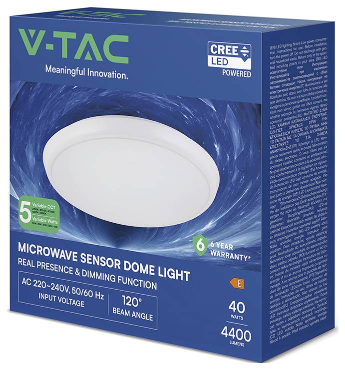V-TAC Mikrowellen-Sensor Kuppellicht-Verpackung, zeigt eine weiße LED-Deckenleuchte mit CREE-LED angetrieben, 40 Watt, 4400 Lumen, 120° Abstrahlwinkel, 6 Jahre Garantie.
