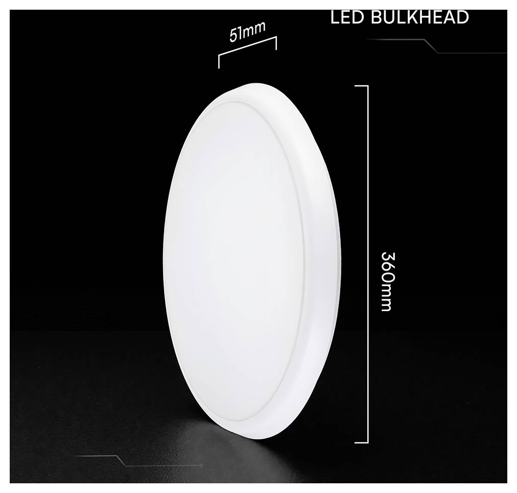 Weiße runde LED-Wandleuchte mit Abmessungen: 360 mm Durchmesser und 51 mm Tiefe.