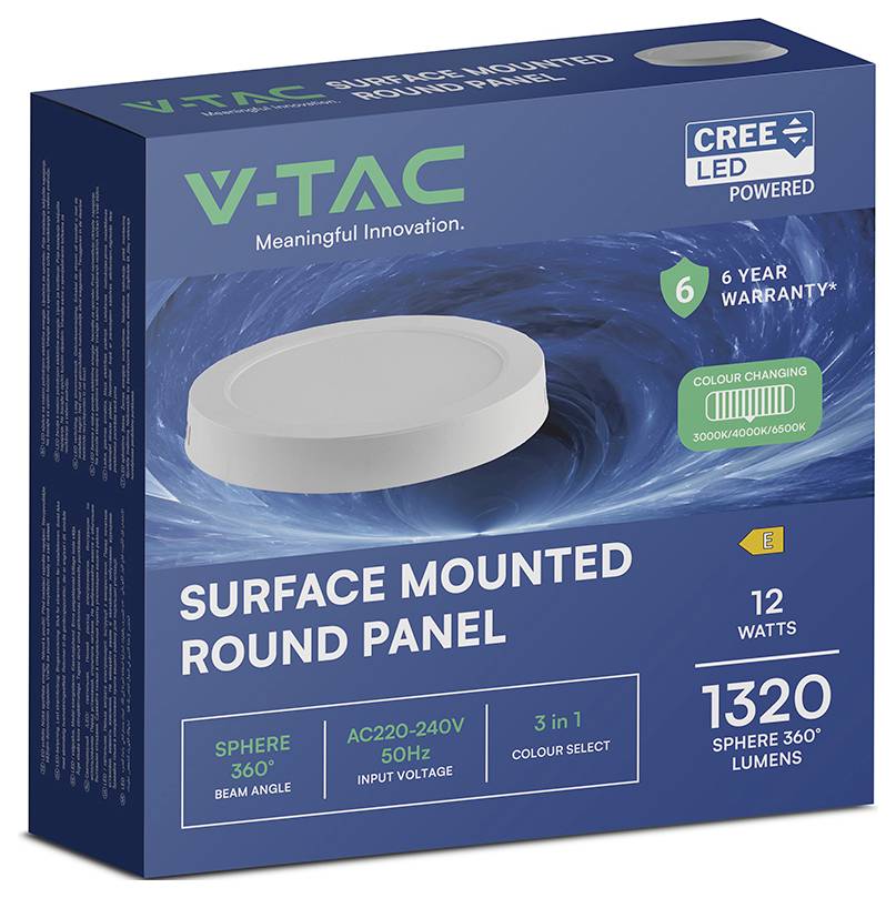 Kastenverpackung für ein oberflächenmontiertes rundes V-TAC LED-Panel mit weißem kreisförmigem Licht, 12 Watt, 1320 Lumen, 3-in-1-Farbwahl und 6-Jahres-Garantie.