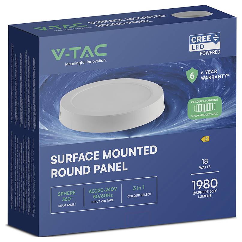 Verpackung für ein V-TAC Aufputz-LED-Paneelbrett in runder Form, das ein weißes kreisförmiges Licht zeigt, mit „CREE LED angetrieben