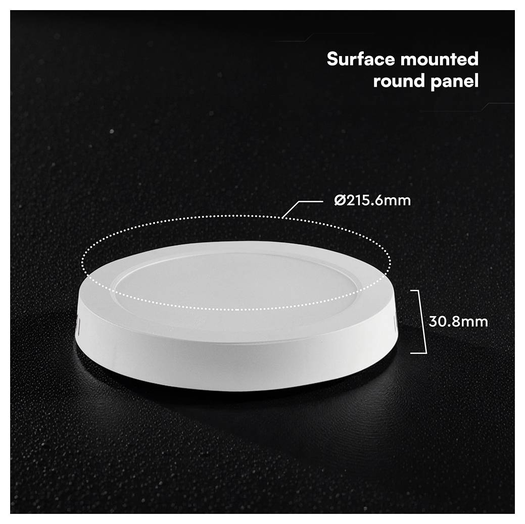 Oberflächenmontiertes rundes Panellicht mit den Abmessungen Ø215,6 mm und 30,8 mm Höhe.