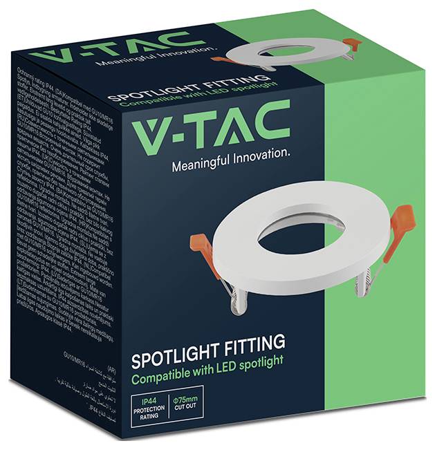V-TAC Spotlight-Einbaukasten für kompatible LED-Spots mit weißem Einbau-Trimring und dem Text „Meaningful Innovation