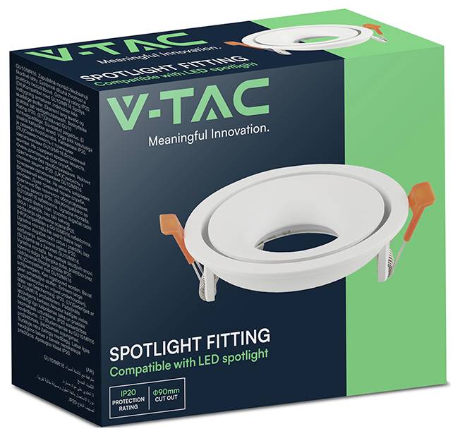 Verpackung für V-TAC-Spotlichtleuchte, die einen weißen bündigen LED-Lichtrahmen mit orangefarbenen Clips und dem Text „Kompatibel mit LED-Spotlicht