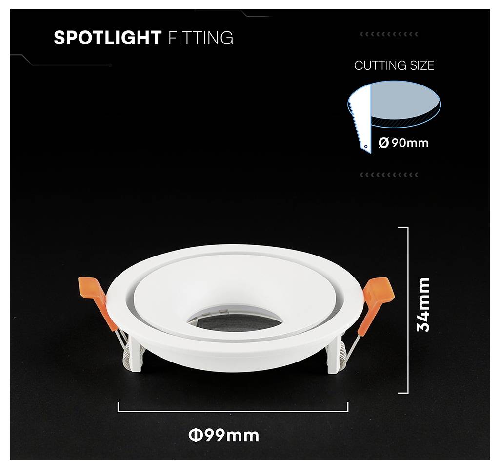 Spotlight-Einbauleuchte mit Federklemmen, Ausschnittgröße Ø90mm und Gesamtgröße Ø99mm bei 34mm Höhe.