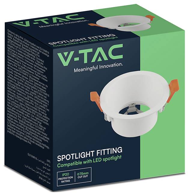 Produktbox für V-TAC-Spotlightleuchte, zeigt weiße, eingebaute Leuchtenblende mit orangen Clips; gekennzeichnet mit „Kompatibel mit LED-Spotlight
