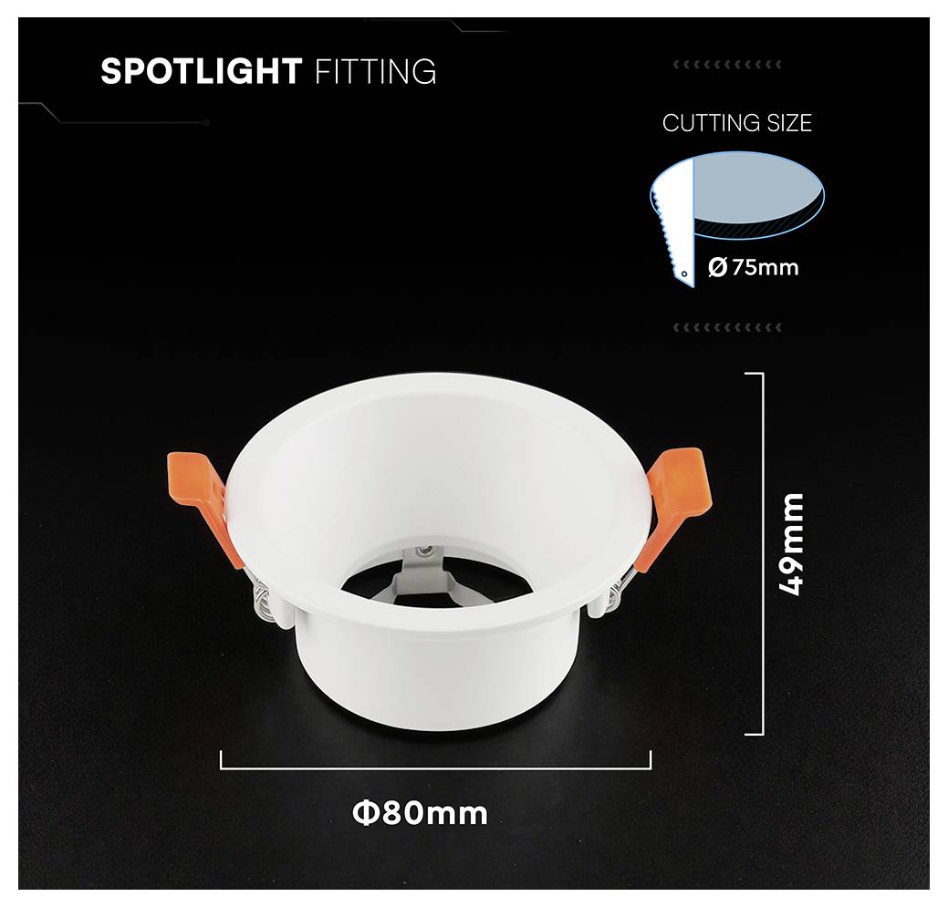 Spotlight-Einbauleuchte mit den angegebenen Abmessungen: Ausschnittgröße Ø75mm, Einbaubreite Ø80mm, Höhe 49mm.