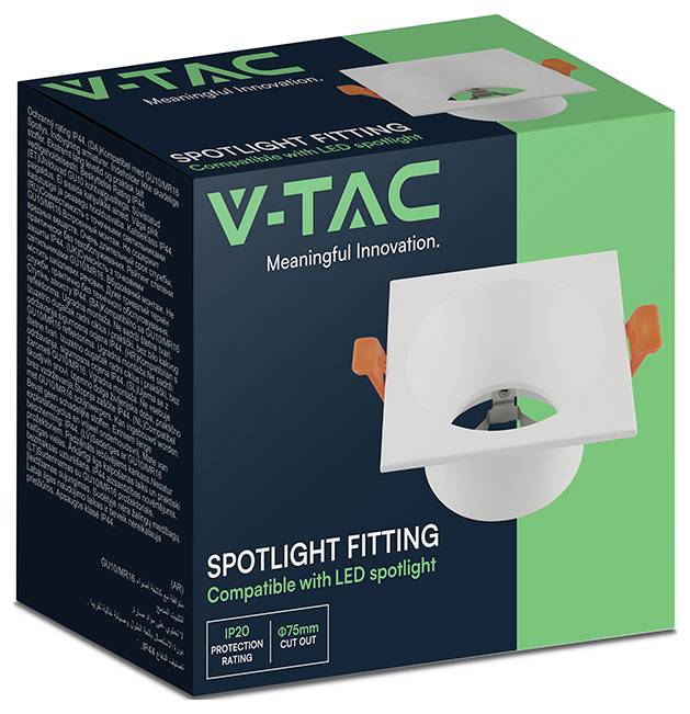 Produktbox für V-TAC-Spotlightleuchte, zeigt eine weiße, bündige Leuchte und Text „Kompatibel mit LED-Spotlight
