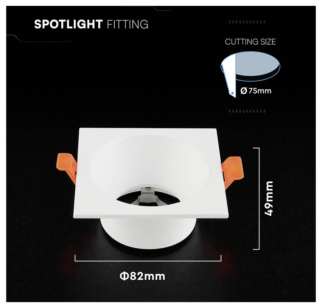 Spotleuchte mit quadratischer weißer Frontplatte und orangefarbenen Clips; Ausschnittgröße Ø75mm, Gesamtgröße Ø82mm, Höhe 49mm.