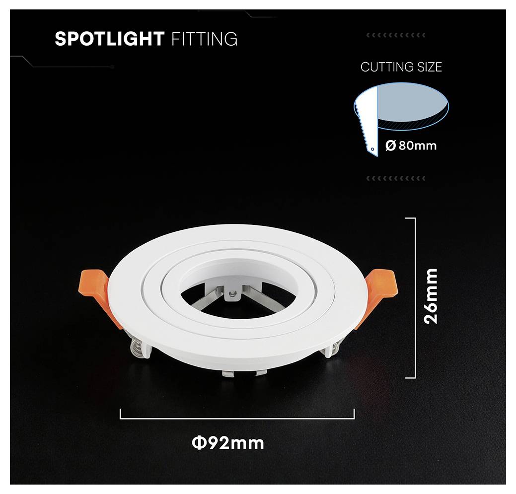 Weiße Spotlightleuchte mit orangefarbenen Clips, gekennzeichnet mit Schnittgröße Ø80mm, Gesamtdurchmesser Φ92mm und 26mm Höhe auf schwarzem Hintergrund.