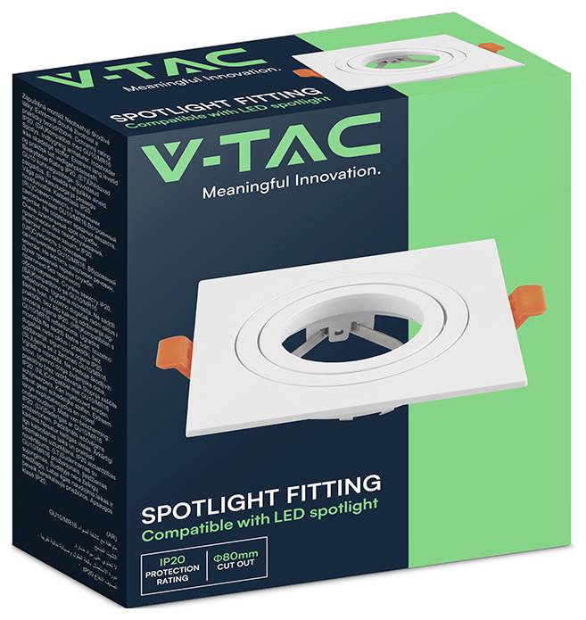 V-TAC Spotlight-Einbaubox mit weißem, bündiger Lichttrimbrett; Verpackung zeigt „Meaningful Innovation