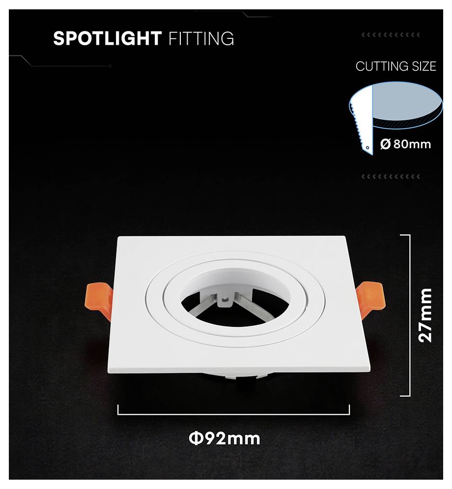 Produktdiagramm einer Spotleuchte, das die Ausschnittsgröße Ø80 mm und die Leuchtenabmessungen 92 mm Breite mal 27 mm Höhe zeigt.
