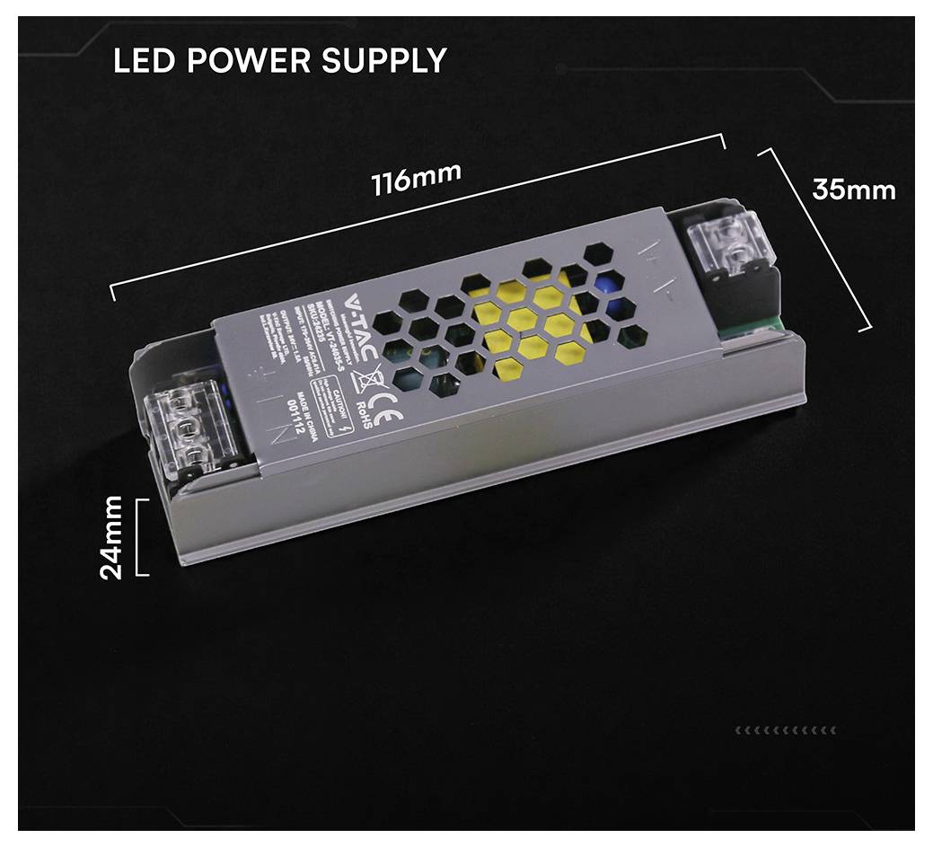 Kompaktes LED-Netzteil mit beschrifteten Abmessungen: 116mm lang, 35mm breit und 24mm hoch.