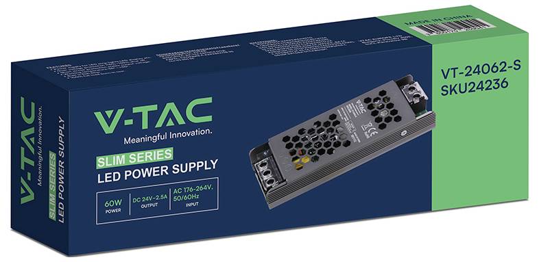 Verpackung für ein V-TAC Slim-Serie 60W LED-Netzteil, das Produktbild und Etiketten VT-24062-S und SKU24236 zeigt.