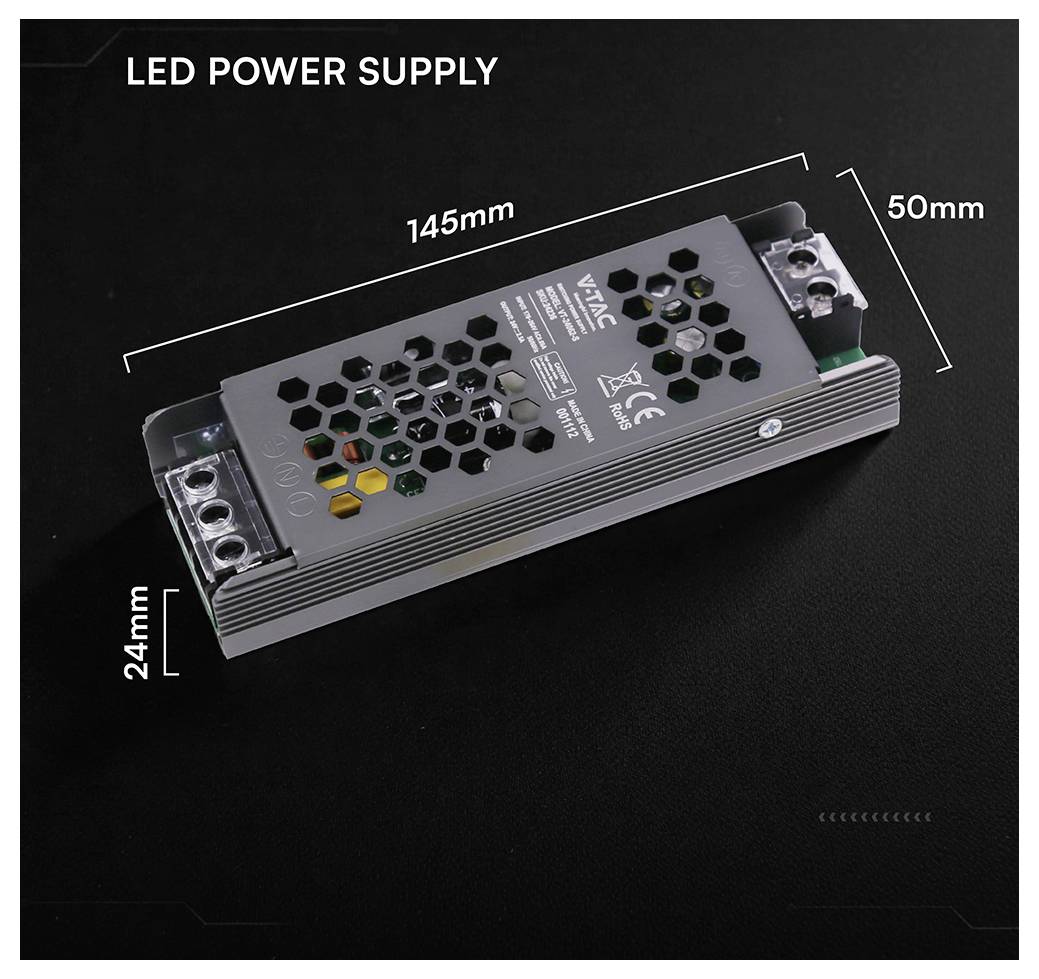 LED-Stromversorgung mit beschrifteten Abmessungen: 145 mm lang, 50 mm breit und 24 mm hoch.