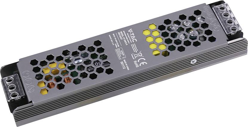 Rechteckiges schwarzes LED-Stromversorgungsgerät mit sechseckigen Lüftungslöchern und Schraubklemmen an beiden Enden auf weißem Hintergrund.