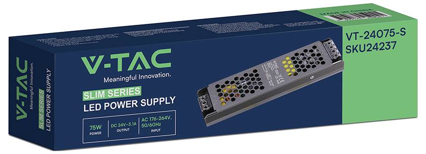 V-TAC Slim Series LED-Stromversorgungskasten, Modell VT-24075-S, 75W, gezeigt in Verpackung mit Produktabbildung und Spezifikationen.