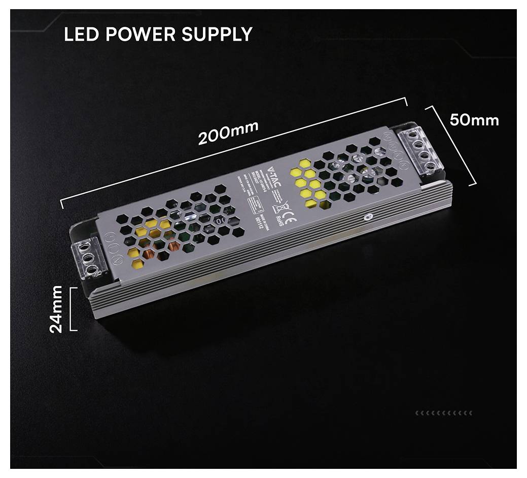 LED-Netzteil auf dunklem Hintergrund mit beschrifteten Abmessungen: 200 mm lang, 50 mm breit und 24 mm hoch.