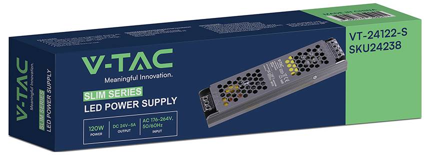 V-TAC Slim Series LED-Stromversorgungsbox mit einer 120W 24V Einheit, Modell VT-24122-S SKU24238, mit Produktabbildung auf der Verpackung.