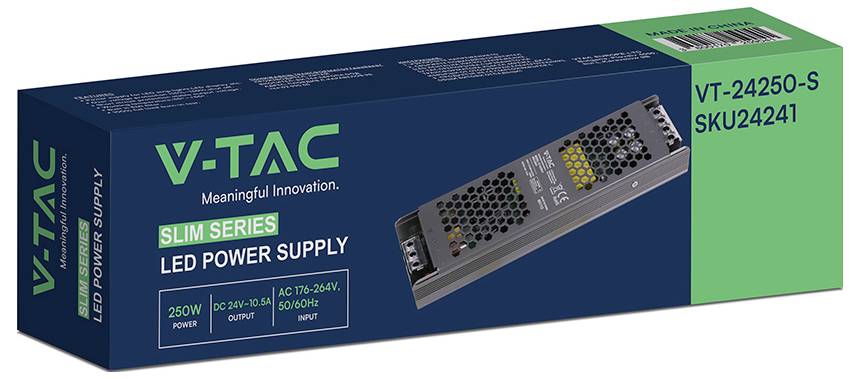 Verpackungskarton für ein VTAC Slim Series LED-Stromversorgungssystem, zeigt eine 250W-Einheit und Modell VT-24250-S, SKU 2424T auf einem dunkelblau und grün gefärbten Produktkarton.