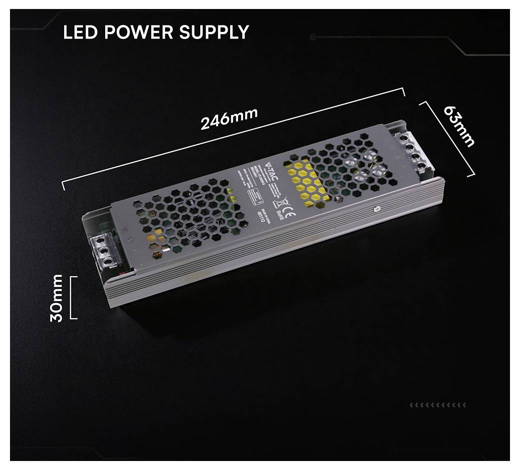 LED-Netzteil auf schwarzem Hintergrund dargestellt mit beschrifteten Abmessungen von 246 mm Länge, 63 mm Breite und 30 mm Höhe.