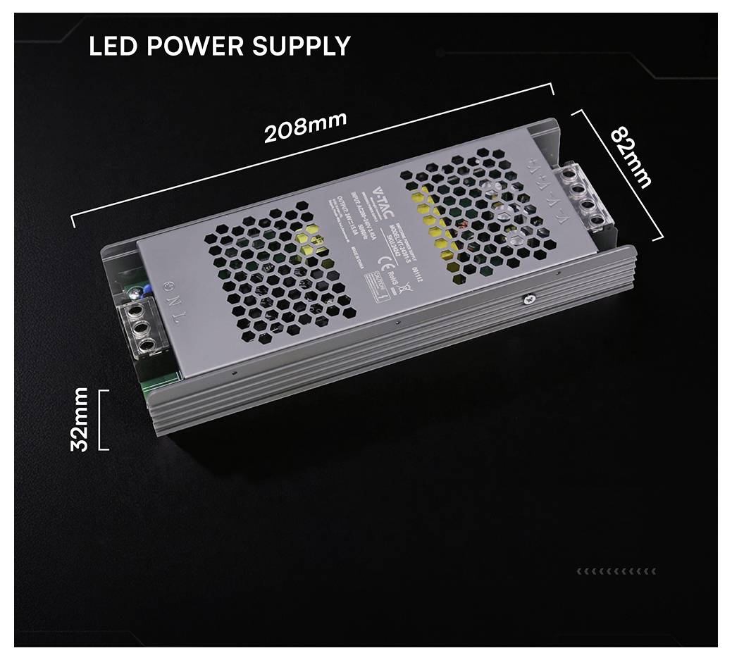 LED-Stromversorgungseinheit, die auf einem Produktfoto gezeigt wird, mit den Abmessungen 208 mm Länge, 82 mm Breite und 32 mm Höhe.
