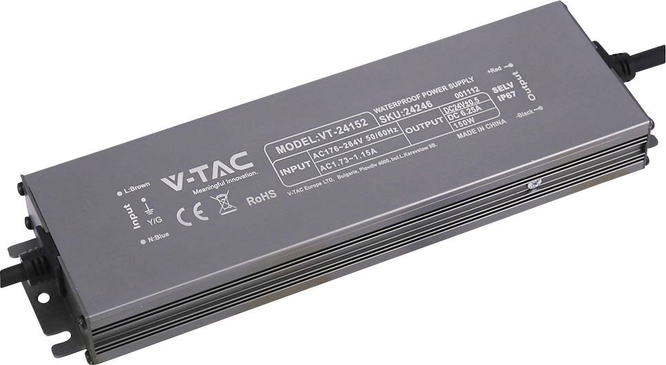 Schwarzes V-TAC wasserdichtes Netzteil mit Montagelaschen und angebrachten Kabeln, Modell VT-2452A.