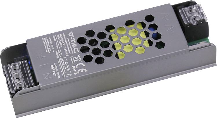Metall-LED-Stromversorgungsmodul mit hexagonalen Lüftungslöchern und sichtbaren Anschllussklemmen an beiden Enden.
