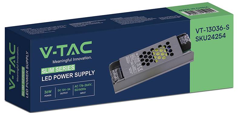 Packung der V-TAC Slim Series LED-Stromversorgung, Modell VT-13036-S, 36W, mit Produktbild und Spezifikationen auf der Verpackung.