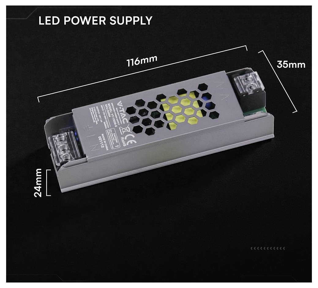 Kompakte LED-Stromversorgung auf schwarzem Hintergrund abgebildet, beschriftet mit den Abmessungen 116 mm x 35 mm x 24 mm.