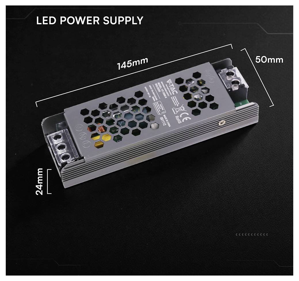 LED-Stromversorgung mit gekennzeichneten Abmessungen: 145 mm lang, 50 mm breit und 24 mm hoch.