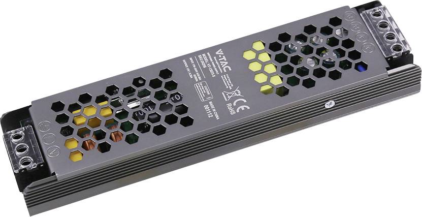 Langes rechteckiges AC-DC-Stromversorgungsmodul mit Wabenbelüftungsöffnungen und Anschlussklemmen an beiden Enden, dargestellt auf weißem Hintergrund.