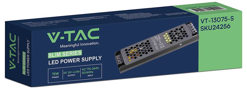 V-TAC Slim Series LED-Stromversorgungsbox, Modell VT-13075-S SKU24256, 75W, auf grüner und dunkelblauer Verpackung mit Produktabbildung.