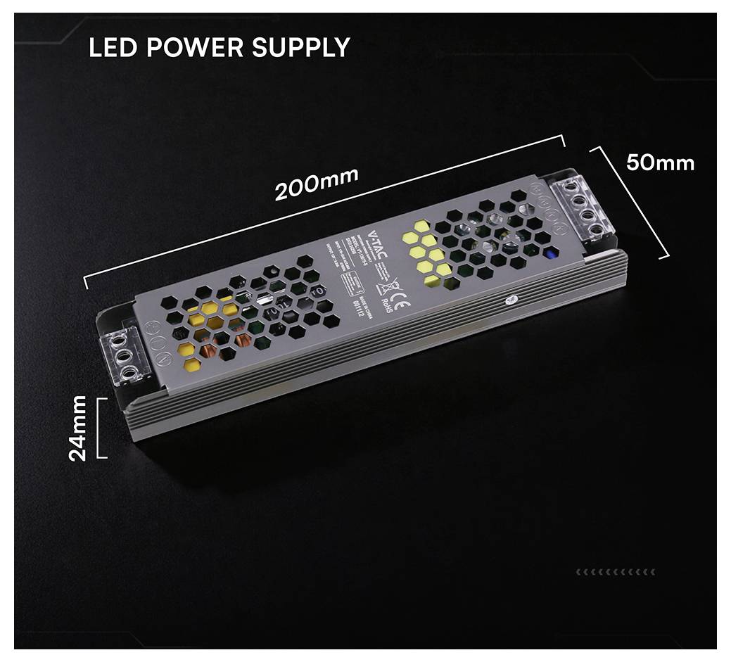 LED-Netzteil auf schwarzem Hintergrund abgebildet, mit einer Länge von 200 mm, einer Breite von 50 mm und einer Höhe von 24 mm gekennzeichnet.