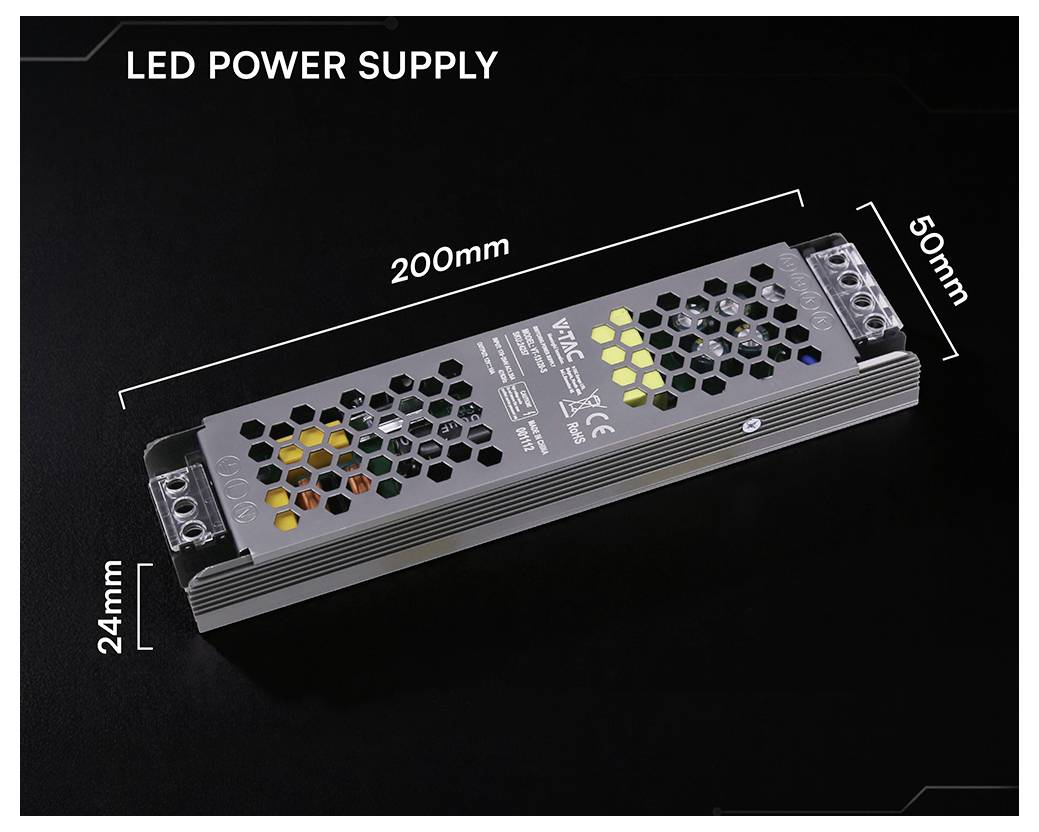 LED-Stromversorgung, die in einem Produktfoto gezeigt wird, mit beschrifteten Abmessungen von 200 mm x 50 mm x 24 mm.