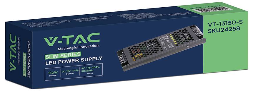 V-TAC Slim Series LED Stromversorgungsgehäuse, Modell VT-13150-S/SKU24258, gezeigt in blauer und grüner Verpackung mit dem Produktbild auf der Vorderseite.