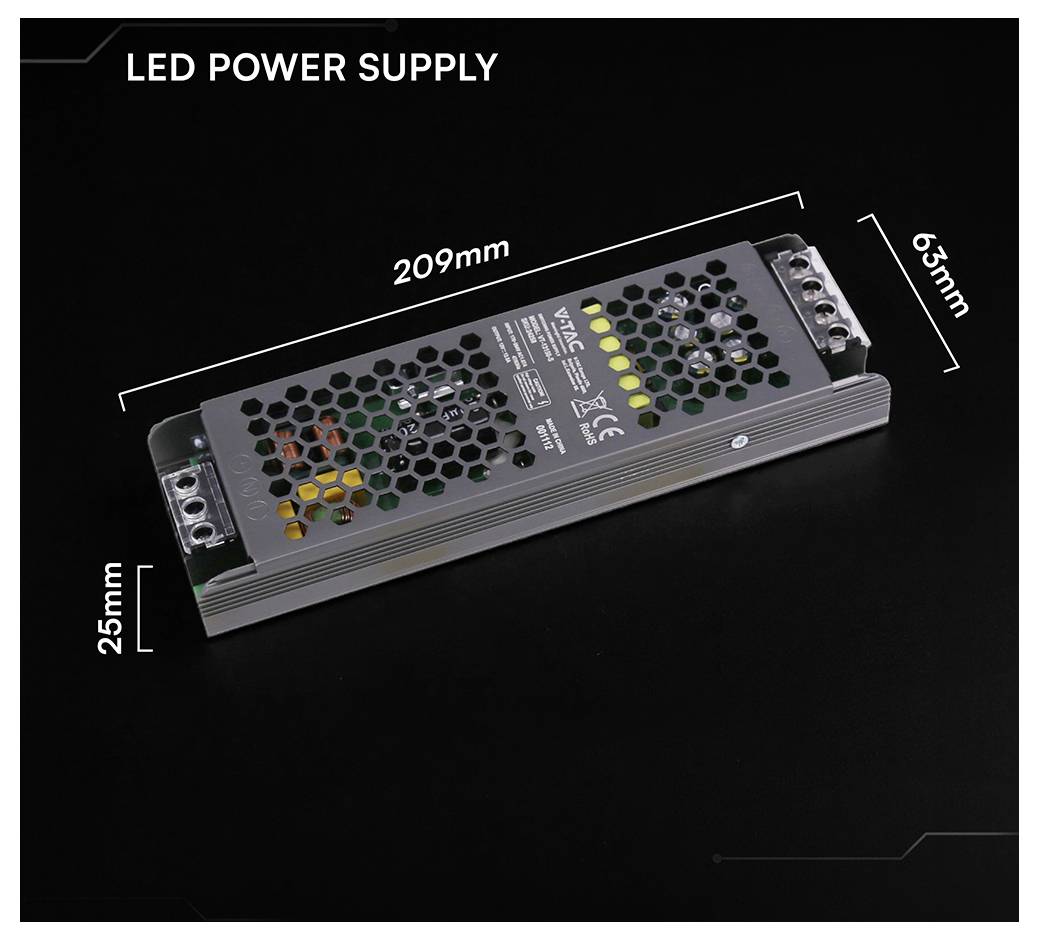 LED-Stromversorgung in perspektivischer Darstellung mit eingetragenen Abmessungen: 209 mm lang, 63 mm breit und 25 mm hoch.