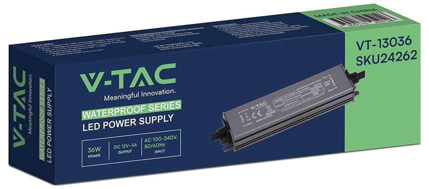 Verpackung für eine V-TAC Wasserfeste Serie LED-Stromversorgung, gekennzeichnet mit VT-13036 und SKU24262, mit Produktabbild und Leistungsspezifikationen.
