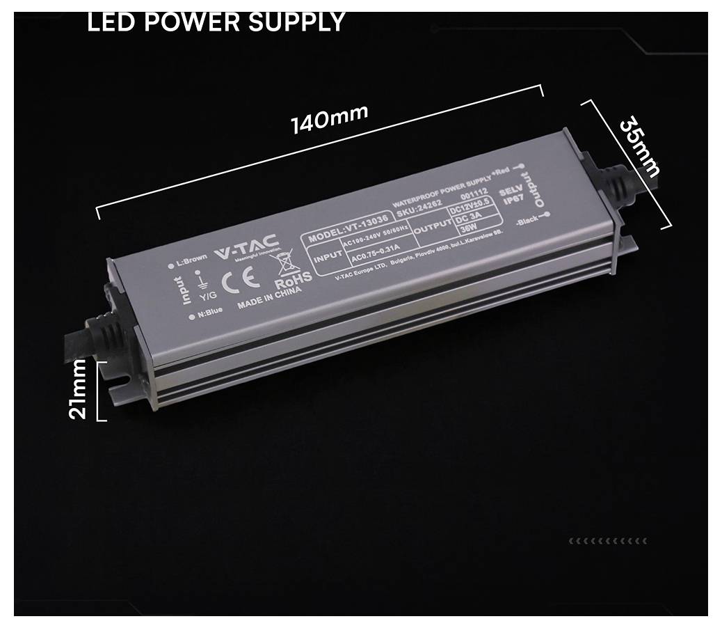 Produktbild eines LED-Netzteils auf schwarzem Hintergrund, beschriftet mit den Abmessungen 140mm x 35mm x 21mm.