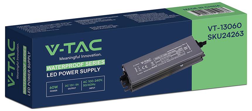 V-TAC wasserdichte Serie LED-Stromversorgungsbox für Modell VT-13060, zeigt eine schwarze Treibereinheit und Produktverpackung mit Leistungs- und Spannungsangaben.