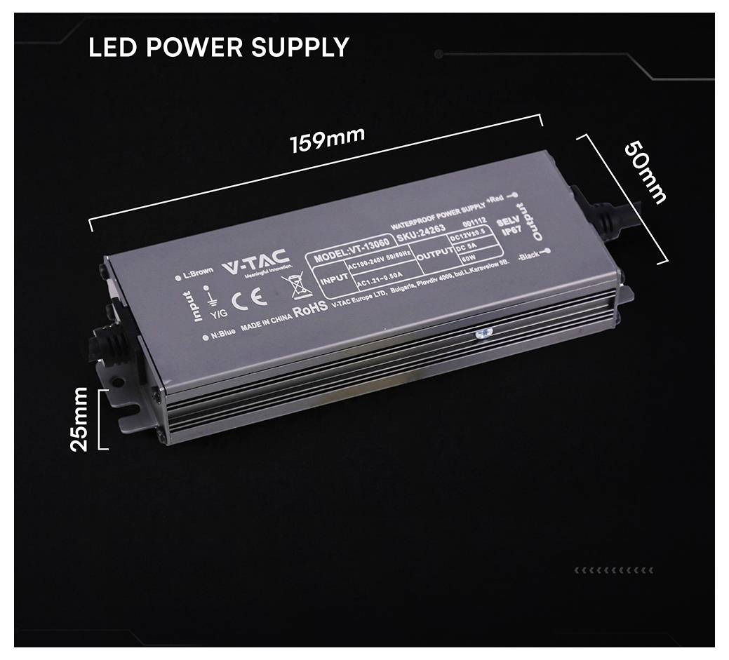 LED-Stromversorgungseinheit in Schwarz dargestellt, beschriftet mit den Abmessungen 159 mm mal 50 mm mal 25 mm.