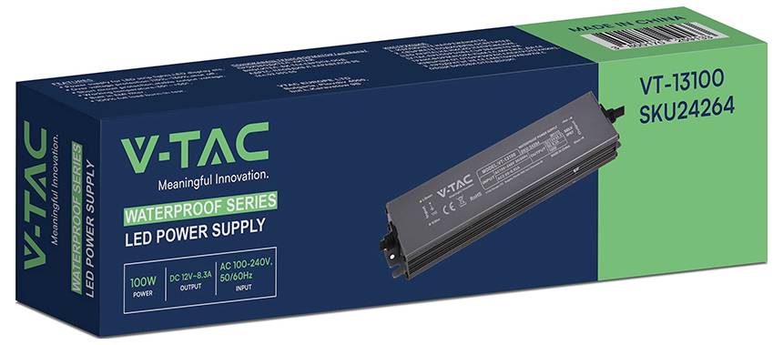 V-TAC wasserdichte Serie LED-Stromversorgungsbox mit Bezeichnung VT-13100 SKU24264, 100W, mit angezeigter Stromversorgungseinheit