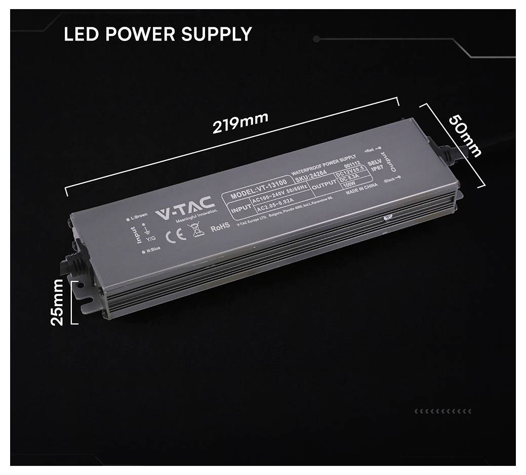 Produktbild eines rechteckigen LED-Netzteils mit der Bezeichnung VTAC, mit gekennzeichneten Abmessungen von 219 mm Länge, 50 mm Breite und 25 mm Höhe.